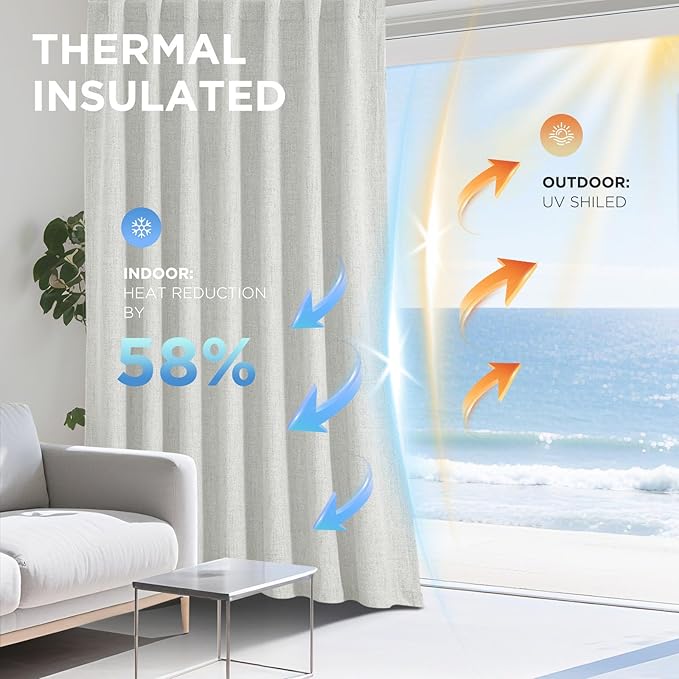Joydeco Linen Blackout Curtains for Bedroom - 100% Light Blocking 1 Panels, White Drapes 70" W x 96" L, Thermal Insulated Room Darkening Curtains for Living Room, Rod Pocket & Back Tabs