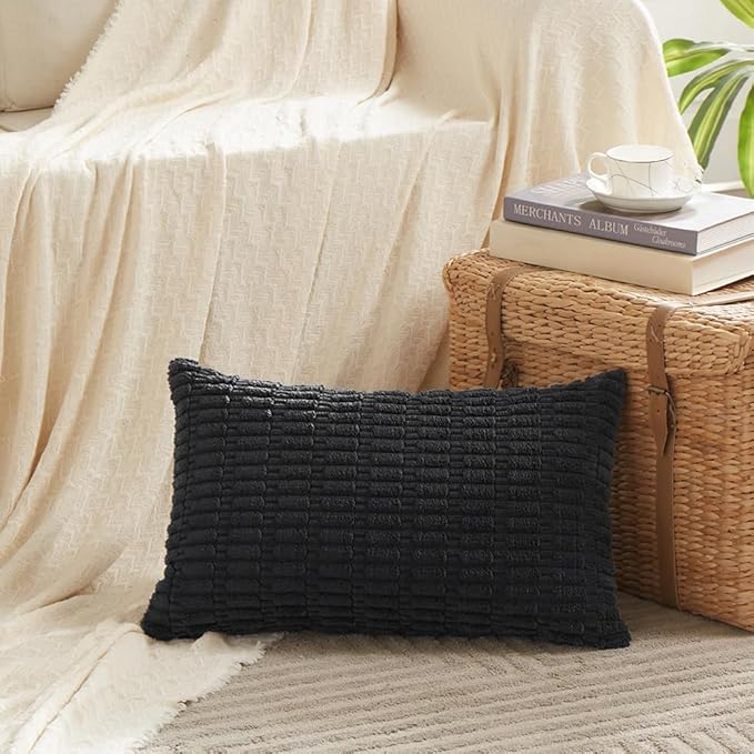 Fancy Homi 4 Packs Boho Black Decorative Throw Pillow Covers 14x24 Inch for Living Room Couch Bed Sofa, Rustic Modern Farmhouse Home Decor, Soft Plush Corduroy Cute Square Cushion Case 35x60 cm