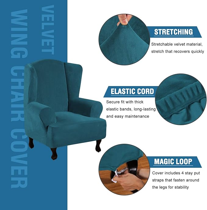 H.VERSAILTEX Wingback Chair Covers Velvet Plush Wing Chair Slipcover 1 Piece High Stretch Wing Back Chair Slipcovers Sofa Cover Furniture Cover with Elastic Bottom, Deep Teal