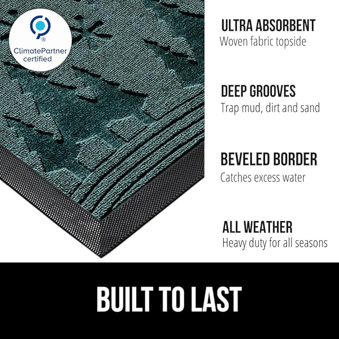 GORILLA GRIP 100% Waterproof All-Season WeatherMAX Doormat 35x23, US Designed Natural Rubber, Stain and Fade Resistant, Low Profile Indoor Outdoor Door Mats, Easy Clean Patio Mat, Green Snowscape