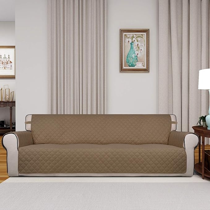 PureFit Reversible Quilted Sofa Cover, Water Resistant Slipcover Furniture Protector, Washable Couch Cover with Non Slip and Elastic Straps for Kids, Dogs, Pets (XX Large, Camel/Ivory)