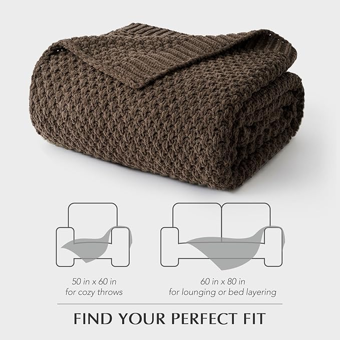 EVERGRACEHOME Chunky Chenille Knit Throw Blanket for Couch, Soft Luxurious Moss Stitch Blankets for Bed, Cozy Decorative Farmhouse Knitted Throws for Sofa, Cocoa Brown, 50" x 60"