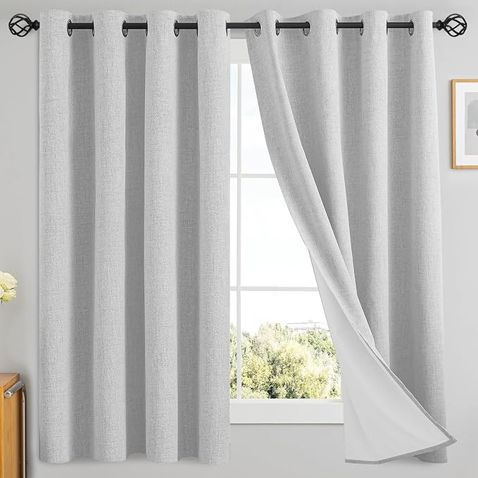 Yakamok White Linen Curtains 100% Blackout 63 Inches Long,Room Darkening Textured Curtains for Living Room Thermal Grommet Bedroom 2 Panels with Greyish White Liner