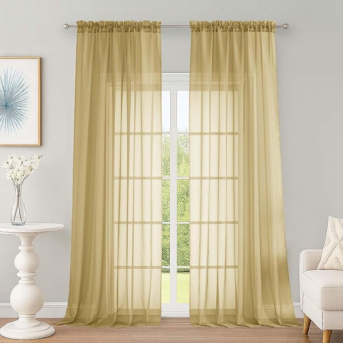 OWENIE Extra Long Gold Sheer Curtains 96 Inches Long 2 Panels Set, Soft Lightweight Airy Voile Sheer Curtain for Bedroom Living Room, Rod Pocket Solid Color Farmhouse Curtains, 59" Wx96 L Inch