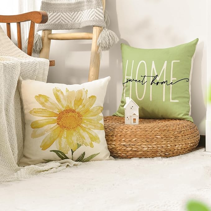 AVOIN colorlife Home Sweet Home Spring Summer Flowers Green Throw Pillow Covers, 20 x 20 Inch Cushion Case for Sofa Couch Set of 4