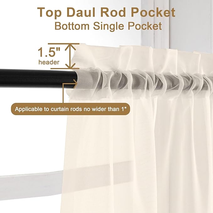 Chyhomenyc Cream Sheer Curtains 63 Inches Long 2 Panels Set- Light Filtering Curtains for Bedroom, Soft Airy Voile Rod Pocket Living Room Window Drapes, 42Wx63L Inches, 2 PCS