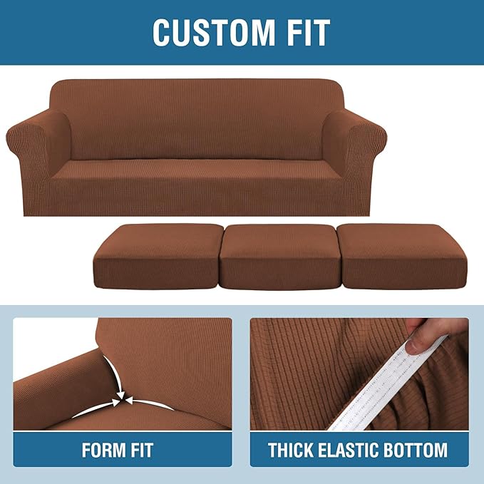 H.VERSAILTEX 4 Piece Stretch Sofa Covers for 3 Cushion Couch Covers for Living Room Furniture Slipcovers (Base Cover Plus 3 Seat Cushion Covers) Upgraded Thicker Jacquard Fabric (Sofa, Caramel)
