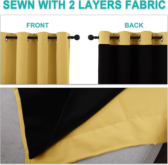 NICETOWN 100% Blackout Blinds, Set of 2, 52 inches x 102 inches, Laundry Room Decor Window Treatment Curtains for Large Patio Sliding Door, Thermal Insulated Bright Yellow Curtains for Bedroom