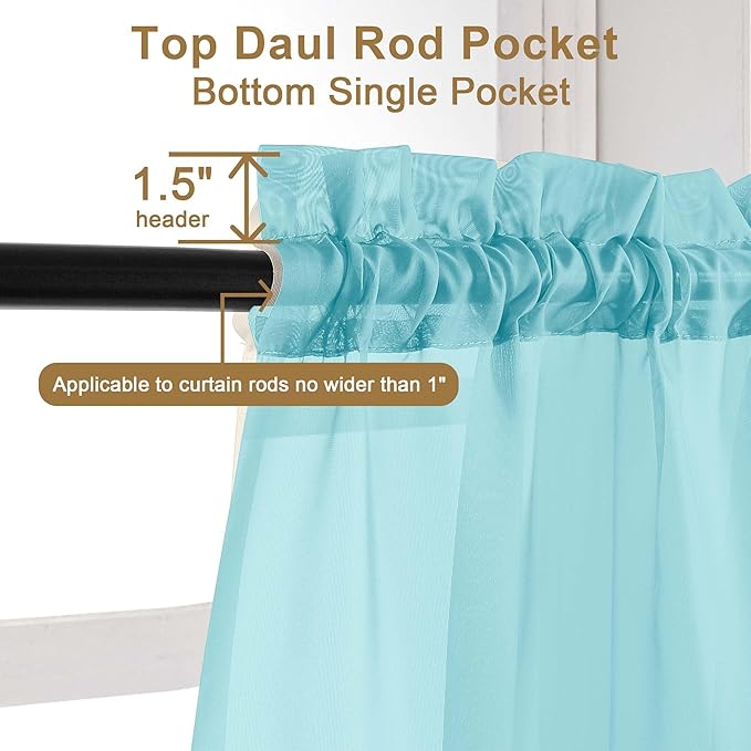 Chyhomenyc Aqua Sheer Curtains 72 Inch Length 2 Panels, Light Filtering Soft Airy Rod Pocket Voile Window Curtain Drapes for French Door Bedroom Living Room, Each 42Wx72L
