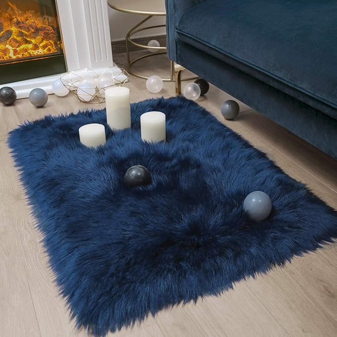 Ashler Faux Fur Rectangular Rug, Fluffy Shaggy 2 x 2.9 ft, Navy Blue, Ultra Soft, Machine Washable, Nursery to Living Room