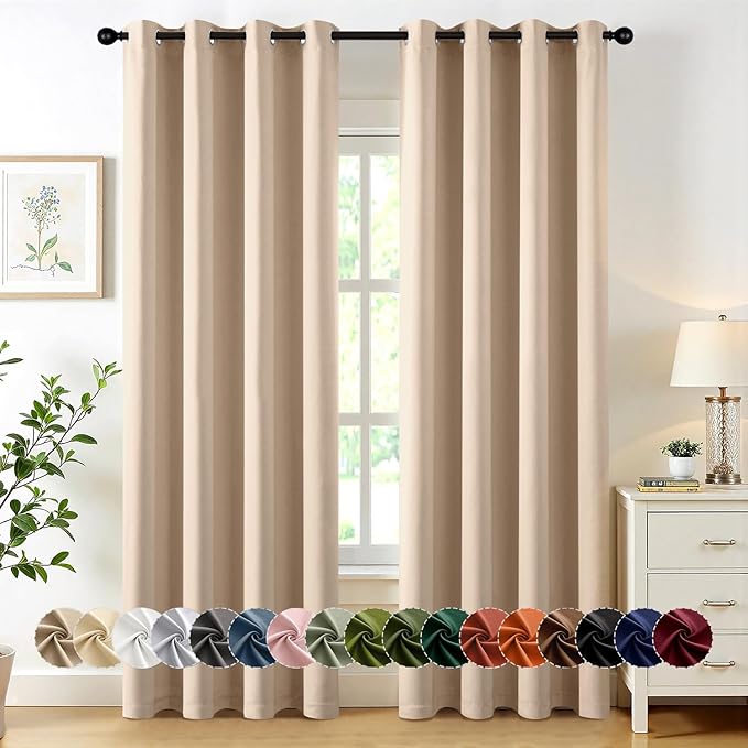 MIULEE Beige Blackout Curtains for Bedroom Living Room 84 Inches Long 2 Panels, Thermal Insulated Room Darkening Drapes Solid Grommet Noise Reduction Light Blocking Window Treatments 50x84 Inch