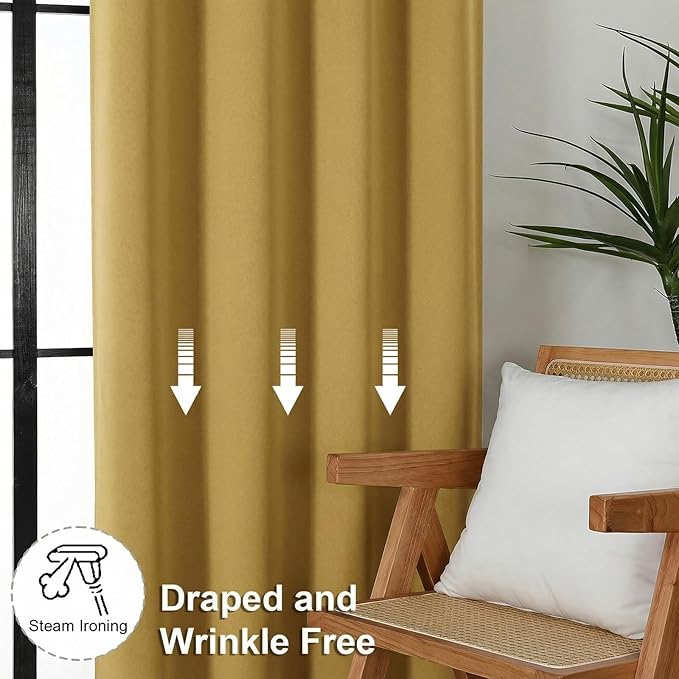 Simplebrand Blackout Extra 10ft Curtains for Patio 120 Inches Long 2 Panels Set, Solid Thermal Insulated Energy Saving Rod Pocket Window Treatment Curtains Blackout Drapes, 50" Wx120 L, Bright Gold