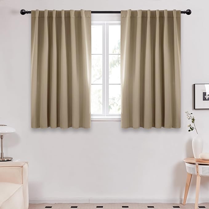 Deconovo Solid Back Tab and Rod Pocket Curtains Thermal Insulated Blackout Window Curtains for Kitchen 52Wx54L Inch Khaki 2 Panels