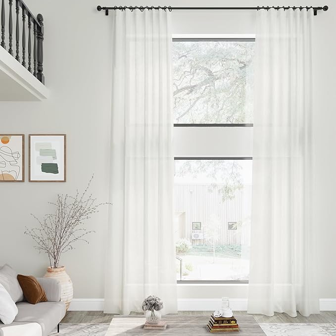 Linen Off White Curtains 145 inch Extra Long for Living Room Back Tab Light Filtering Sheer Drapes Modern Farmhouse Coastal Decor Cotton Textured Curtain for Floor to Ceiling High Window 52x145