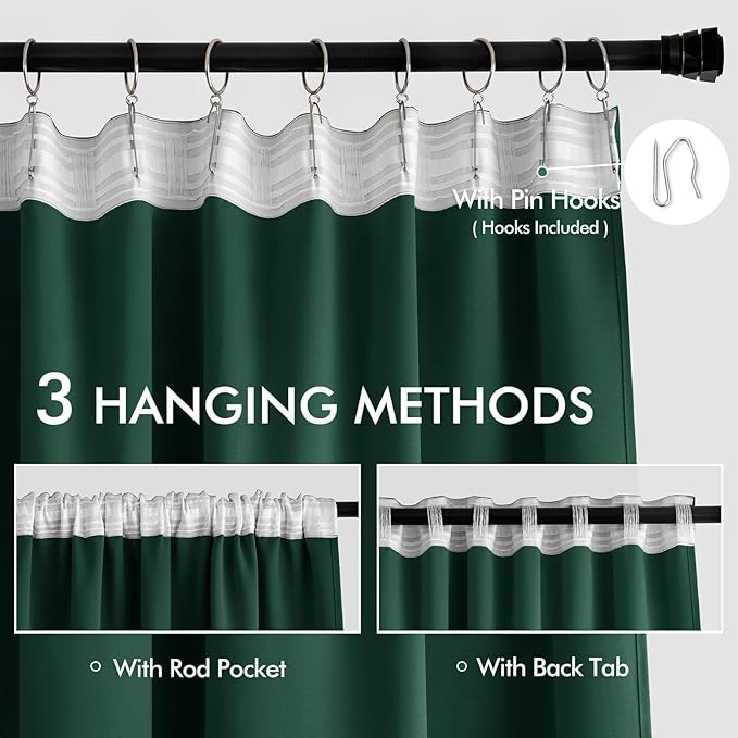 MIULEE Christmas Hunter Green Back Tab Blackout Curtains 108 Inch Long 2 Panels Set for Living Room Bedroom, Rod Pocket/Pinch Pleat Extra Long Thermal Insulated Room Darkening Pleated Window Drapes