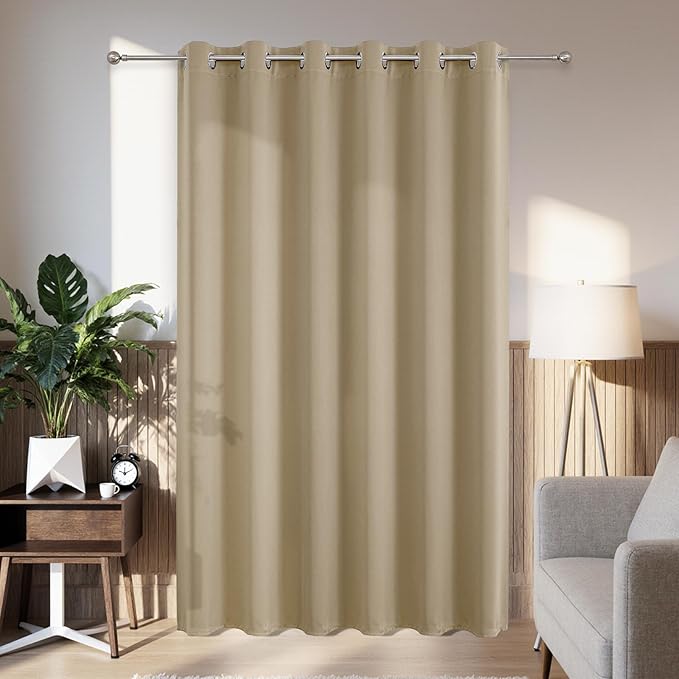 Joydeco Blackout Patio Sliding Door Curtains 84 Inches Long, Grommet Privacy Room Divider Curtains, Extra Wide Thermal Blackout Drapes for Bedroom Living Room (Light Beige, 80Wx84L, 1 Panel)