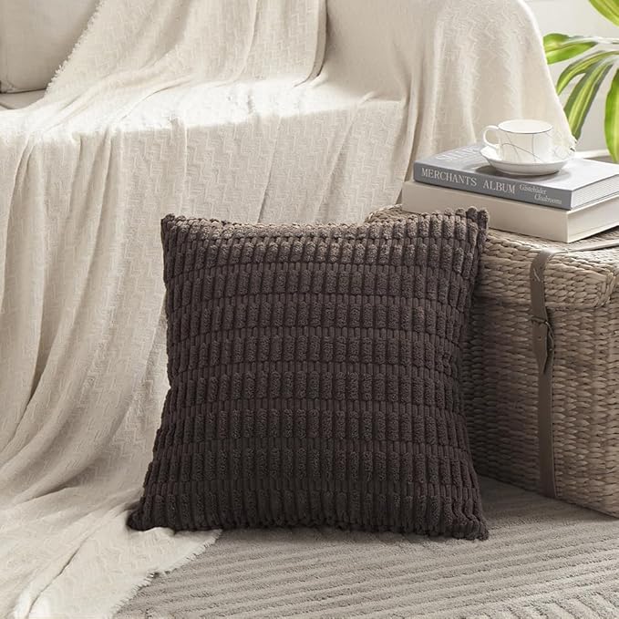 Fancy Homi 4 Packs Boho Dark Brown Decorative Throw Pillow Covers 26x26 Inch for Living Room Couch Bed Sofa, Rustic Modern Farmhouse Home Decor, Soft Plush Corduroy Cute Square Cushion Case 66x66 cm