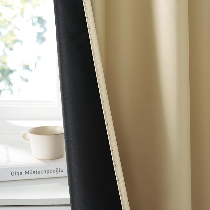 RYB HOME Bedroom Blackout Curtains 63 inches Long, 100% Blackout Thermal Insulated Noise Reducing Curtains for Living Room Nursury, 34 inches Wide by 63 inches Long, Biscotti Beige