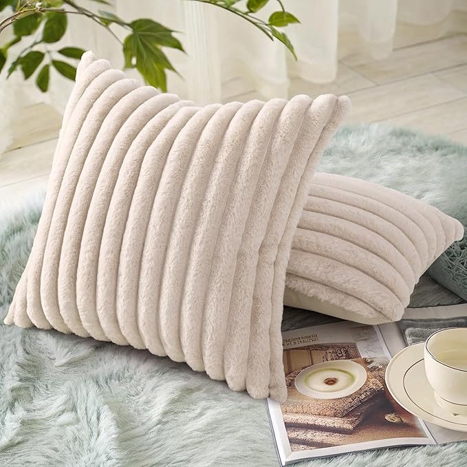 decorUhome Summer Cozy Faux Fur Throw Pillow Covers 22x22 Set of 2 Decorative Soft Plush Striped Modern Farmhouse Boho Couch Euro Sham Pillow Cases with Velvet Back for Sofa Bed Living Room, Beige