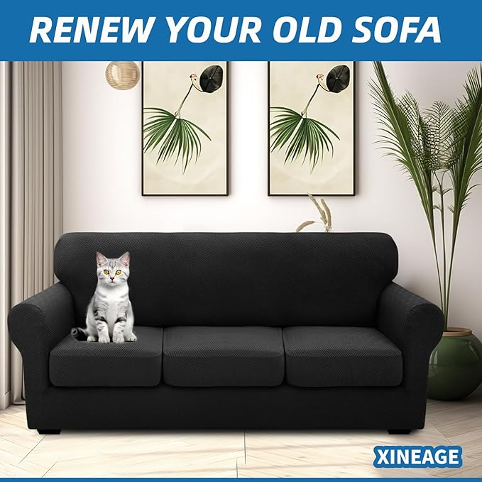 XINEAGE 2026 New 4 Pieces Couch Covers for 3 Cushion Couch Super Stretch Thick Soft Sofa Cover Anti Slip Sofa Slipcover Dogs Cats Furniture Protector (Black, 71"-91")