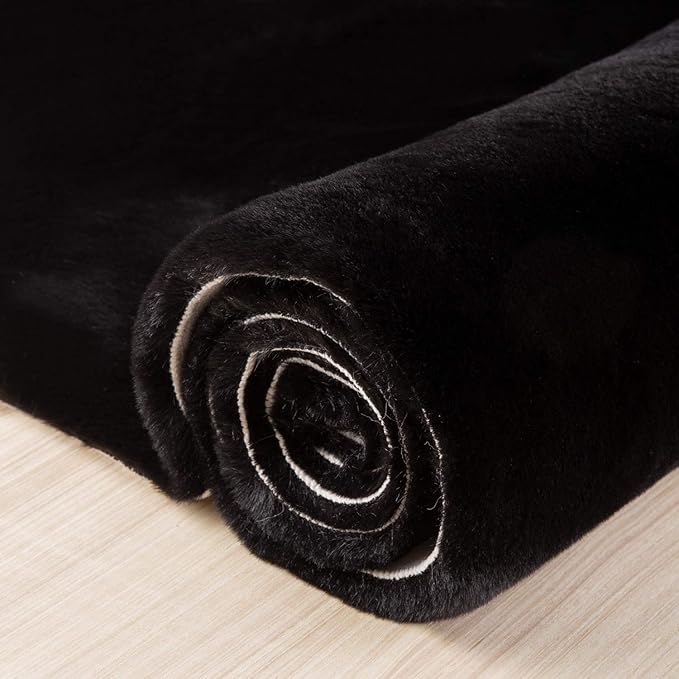 Ashler HOME DECO Ultra Soft Faux Rabbit Fur Chair Couch Cover Area Rug for Bedroom Floor Sofa Living Room Black Round 3 x 3 Feet
