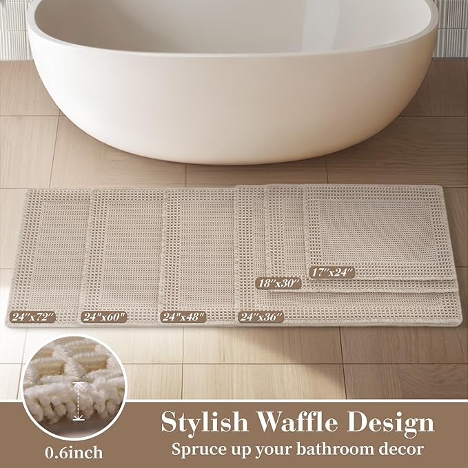 RESARE Waffle Bath Mat, Super Absorbent Non Slip, Machine Washable, Ultra Soft Boho Bath Rugs with Tassels, Upgraded Bordered Design, 17"x24" Pale Beige