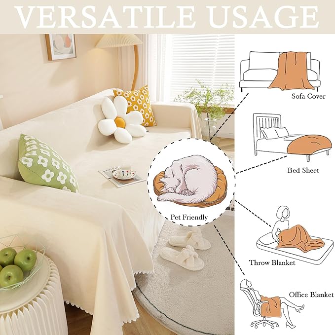 HANDONTIME Beige Couch Covers for 3 Cushion Couch - Cute Daisy Lace Pet Protector - Thick Chenille - 71" X134"
