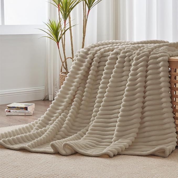 BEDELITE Twin Blanket for Couch & Bed, 300GSM Soft & Warm Fleece Blanket, Decorative and Giftable Striped Linen Blankets for Women, Men, 60"x80"