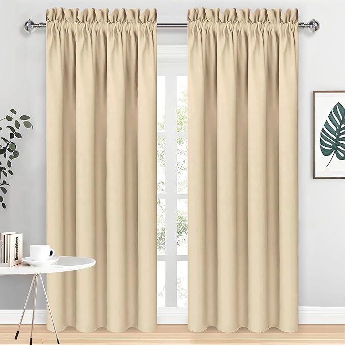 DWCN Blackout Curtains for Living Room Thermal Insulated, Energy Saving & Noise Reducing Bedroom Curtains, Beige, W 70x L 84 Inch, Set of 2 Rod Pocket Curtain Panels