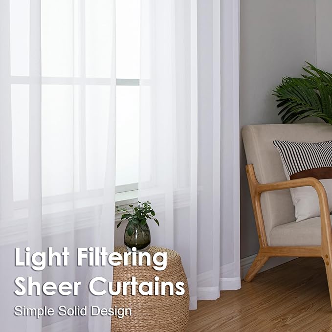 OVZME 2 Panels White Sheer Curtains 96" Length for Bedroom, Elegant Light Filtering Sheer White Curtains Window Treatment for Living Room & Sliding Glass Door, Each 42Wx96L