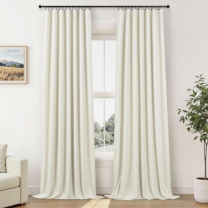Extra Wide Room Darkening 90 Inch Curtains 2 Panels for Living Room Ivory Cream Colored Linen Blackout Curtain for Bedroom Windows 120 to 140 Privacy Thermal Window Drapes Back Tab Pocket 70x90 Long