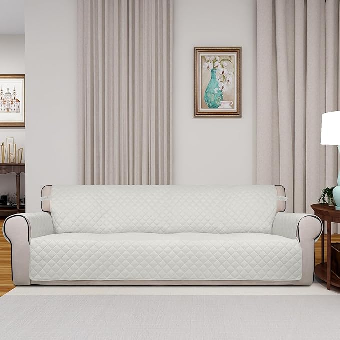 PureFit Reversible Quilted Sofa Cover, Water Resistant Slipcover Furniture Protector, Washable Couch Cover with Non Slip and Elastic Straps for Kids, Dogs, Pets (XX Large, Ivory/Ivory)