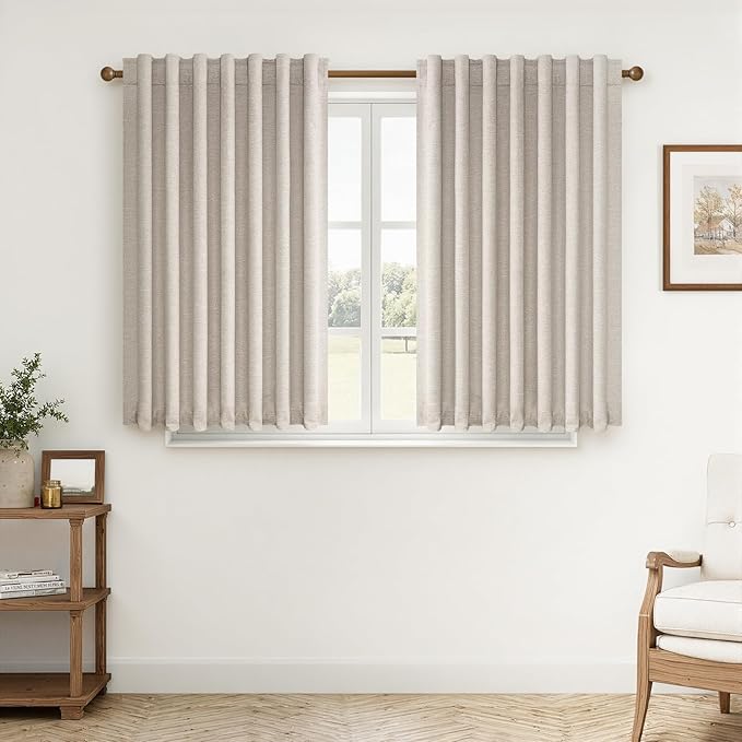 Topfinel 45 Inches Long Boho Linen Curtains Tiers for Small Window 2 Panels Set Thermal Saving Short Drapes for Kitchen Bathroom Curtain Hook Belt Pleated Back Tab Natural Linen(W52 xL45)