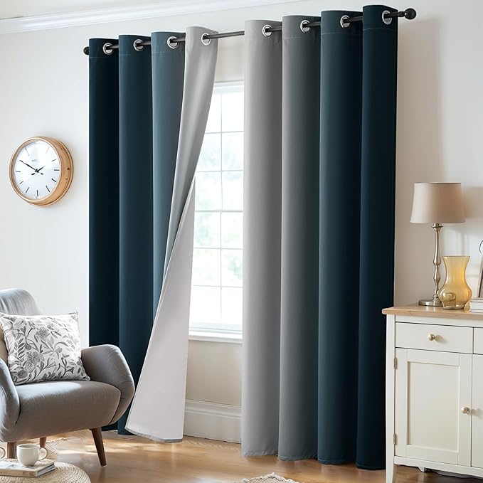 Yakamok 100% Blackout Curtains 84 Inch Length 2 Layers,Navy Blue Curtains for Bedroom Ombre Room Darkening Grommet Gradient Drapes, Light Blocking Thermal Insulated Window Curtains for Living Room