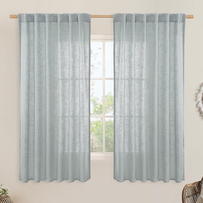 LAMIT Faux Linen Curtains 63 inches Long for Bedroom, Back Tab and Rod Pocket Linen Drapes Light Filtering Semi Sheer Curtains for Small Window/Farmhouse, 2 Panels (52 x 63 Inch, Greyish Blue)