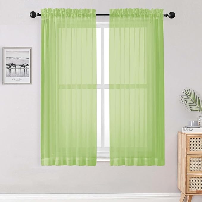 OWENIE Sheer Lime Curtains for Bedroom Living Room 63 Inch Length 2 Panels Set, Modern Soft Solid Light Filtering Sheer Curtains for Dining Room, Rod Pocket Window Treatments, Lime, 42" Wx63 L