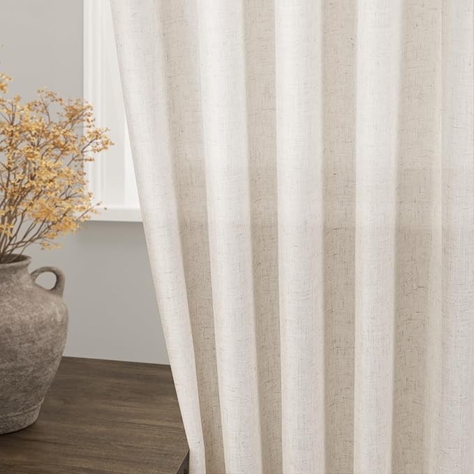 Beige Linen Sheer Curtains 102 Inches 2 Panels Set Back Tab Rod Pocket Extra Long Semi Sheer Light Filter Vintage Curtain Drapes Room Decor Aesthetic Curtains for Living Room High Window 42x102