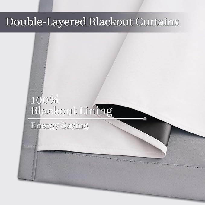 Yakamok Grey Room Darkening 100% Blackout Curtains Grommet Window Treatments with 2 Thick Layers-Gray Thermal Insulated Drapes Set of 2 Panels for Bedroom Living Room 52 Inches by 63 Inches Length