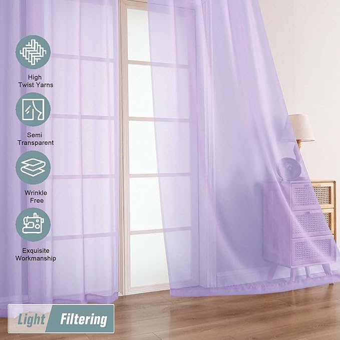 Lavender Sheer Curtains 84 Inches Long 2 Panels, Elegant Airy Transparent Light Filtering Window Curtains, Window Drapes for Living Room Bedroom, Top Dual Rod Pocket Design, 2x42Wx84L Inches