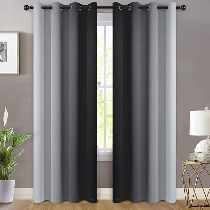 Yakamok Greyish White and Black Ombre Curtains for Bedroom, Light Blocking Gradient Color Drapes, Room Darkening Thermal Insulated Grommet Window Curtains for Living Room(Black, 2 Panels, 52x84 Inch)