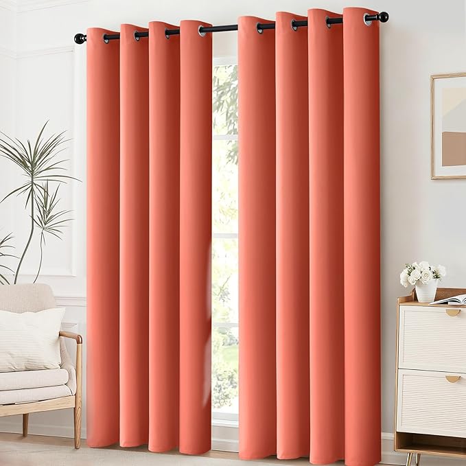 Yakamok 96 inch Long Solid Blackout Curtains with Grommet, Room Darkening Thermal Insulated Window Drapes for Bedroom (52x96 Inch, Coral Orange, 2 Panels)
