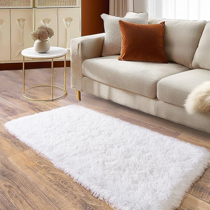 Soft Runner Rugs for Bedroom Hallways, 2x4 White Fluffy Shag Throw Area Rug Non Slip for Bedside Dorm, Long Shaggy Furry Carpet for Nursery Living Room