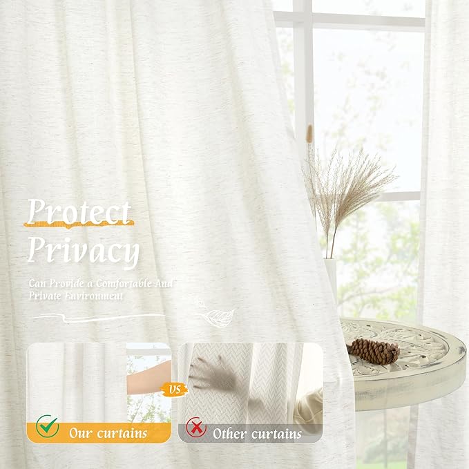LAMIT Light Filtering Linen Curtains 54 Inches Long for Bedroom, Natural Ivory Soft Faux Linen Textured Panels Rod Pocket Neutral Drapes for Window/Loft Room, 42 x 54 Inch, 2 Panels