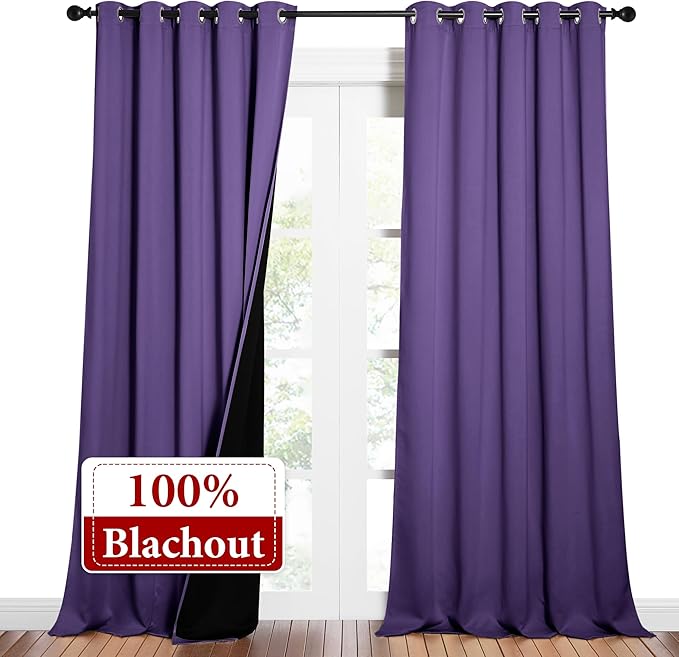 NICETOWN Total Shade Curtains and Draperies, Heavy-Duty Full Light Shading Drapes with Black Liner Backing for Villa/Hall/Dorm Window（Lilac Purple, Package of 2 Panels, 62 inches Wide x 95 inches Long