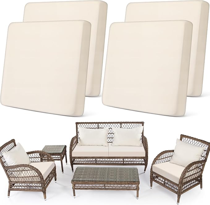 Newwiee Set of 4 Stretch Patio Cushion Covers Sofa Couch Seat Chair Slipcovers Cushion Cover Replacement Furniture Protector for Pets Washable(Beige,Seat Cover,Solid)
