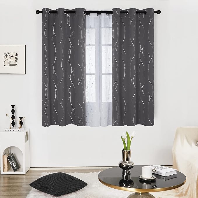 Deconovo Blackout Curtains, Thermal Insulated Noise‑Reducing Grommet Drapes, Wave Line Dot Foil Print, 38 x 63 Inch, 2 Panels, Machine‑Washable Window Curtains for Bedroom Living Room Kitchen Office