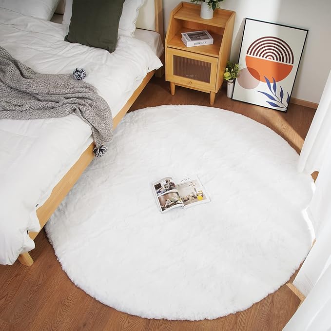 Ghouse Faux Rabbit Fur Round Rug 5 Ft White Round Rugs for Bedroom Decor Fluffy Area Rugs for Living Room, no-Shedding Carpet Sheepskin Washable Rug Rome Decor