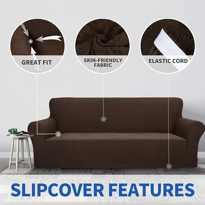 ZNSAYOTX 1 Piece Jacquard Couch Covers for 3 Cushion Couch Living Room High Stretch Sofa Cover Pets Dogs Friendly Anti Slip Thickened Slipcovers Furniture Protector (Sofa, Dark Coffee)