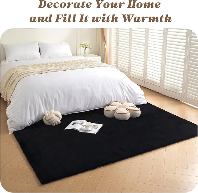 ThreadGlobe Fluffy Faux Rabbit Fur Rug 6'x9', Cloud-Soft Rugs for Living Room, Bedroom & Nursery, Non-Slip No-Shed Area Rug, Machine Washable Rug, Black, 6x9 Ft
