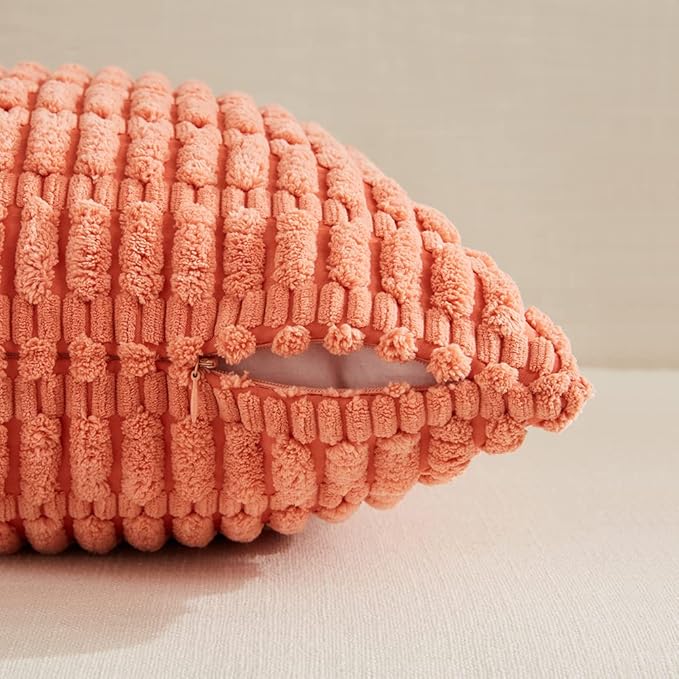 Fancy Homi 4 Packs Boho Coral Decorative Throw Pillow Covers 14x14 Inch for Living Room Couch Bed Sofa, Rustic Modern Farmhouse Home Decor, Soft Plush Corduroy Peach Cute Square Cushion Case 35x35 cm